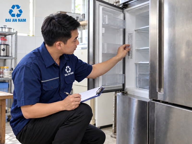 nhân viên định giá tủ lạnh cũ dựa trên tem nhãn và tình trạng