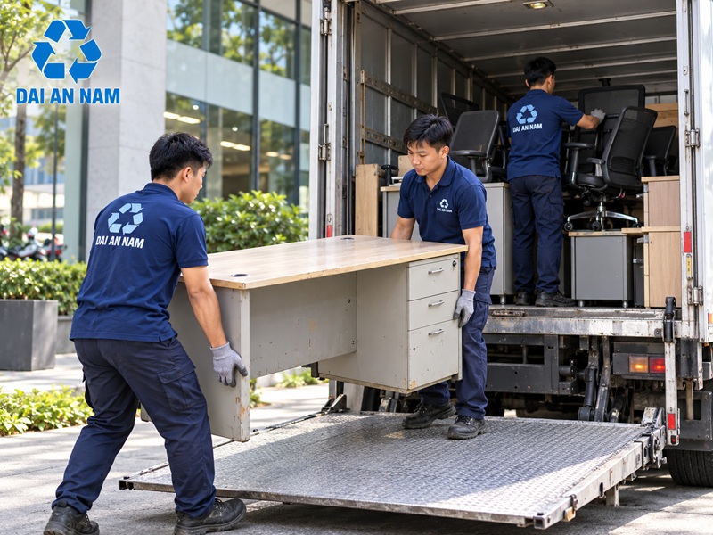 đội bốc xếp chuyển bàn ghế văn phòng cũ lên xe tải