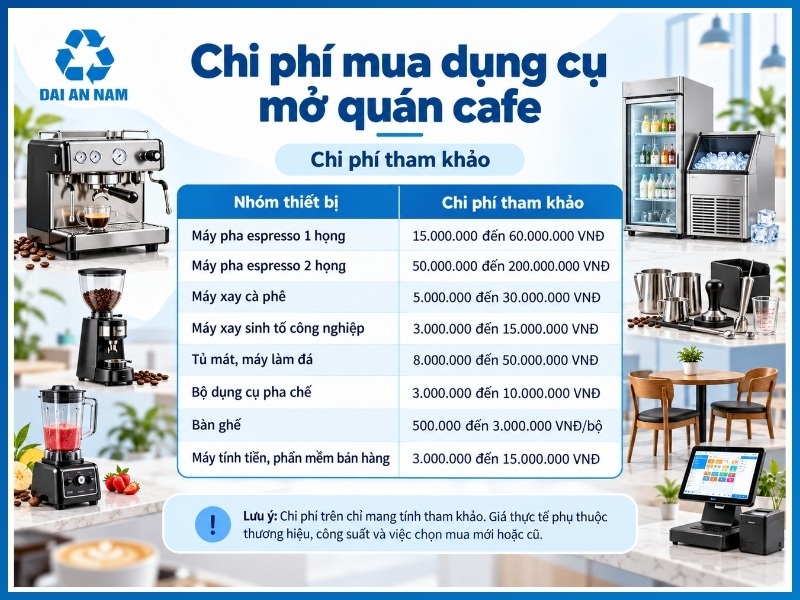 Chi phí mua dụng cụ mở quán cafe hết bao nhiêu?