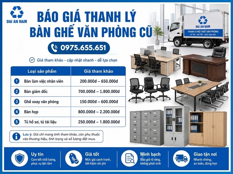 Báo giá thanh lý bàn ghế văn phòng cũ tại Đại An Nam