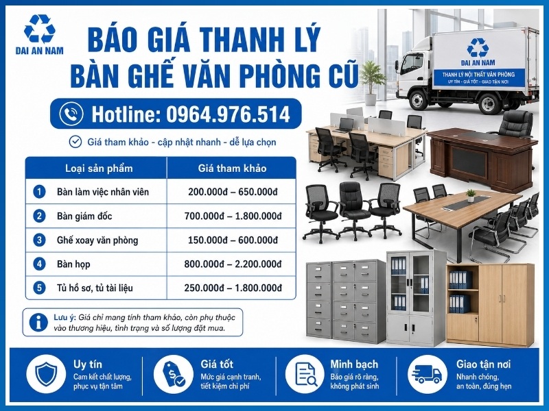 Báo giá thanh lý bàn ghế văn phòng cũ tại Đại An Nam