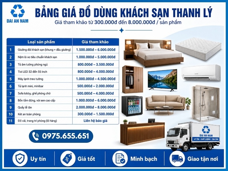 Bảng giá đồ dùng khách sạn thanh lý tại Đại An Nam