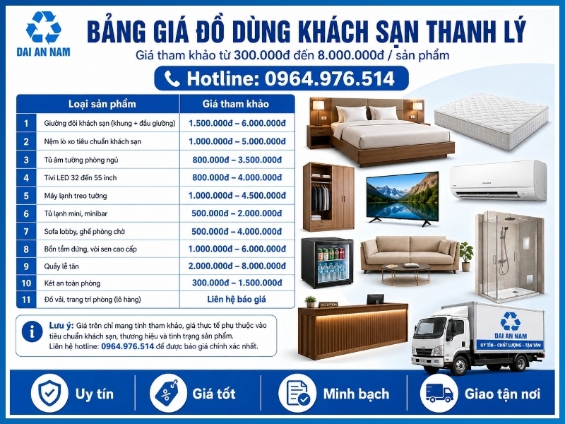 Bảng giá đồ dùng khách sạn thanh lý tại Đại An Nam