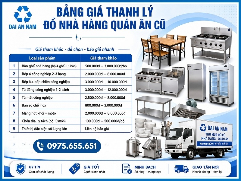 Bảng giá thanh lý đồ nhà hàng quán ăn cũ tại Đại An Nam