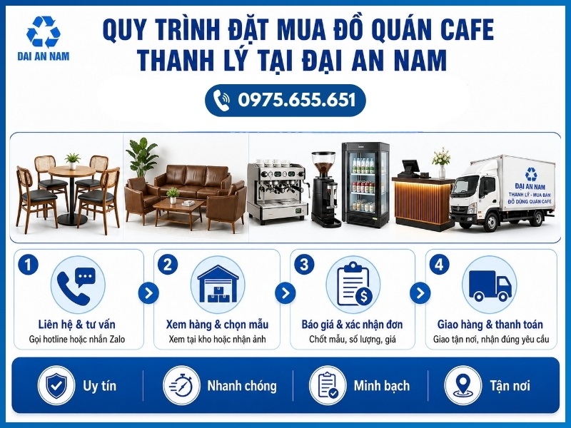 Quy trình đặt mua đồ quán cafe thanh lý tại Đại An Nam