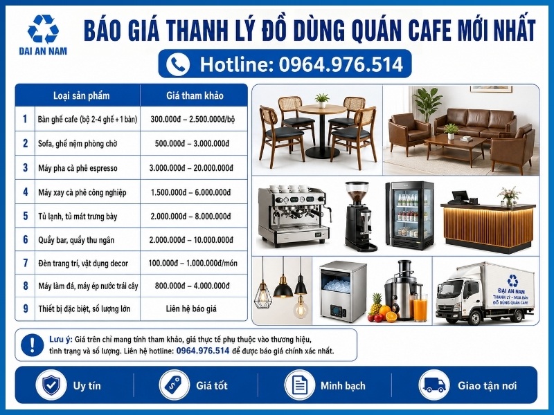 Báo giá thanh lý đồ dùng quán cafe mới nhất