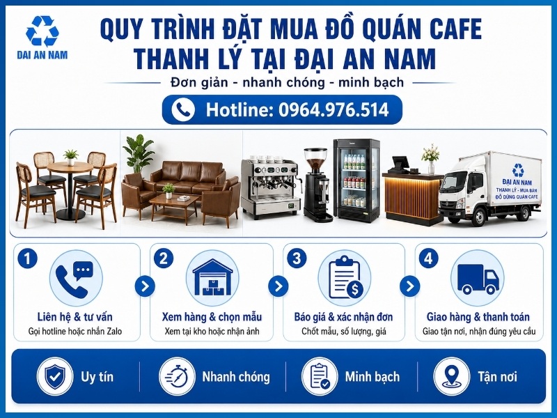 Quy trình đặt mua đồ quán cafe thanh lý tại Đại An Nam