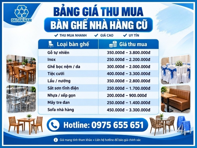 Bảng giá thu mua bàn ghế nhà hàng cũ mới nhất 
