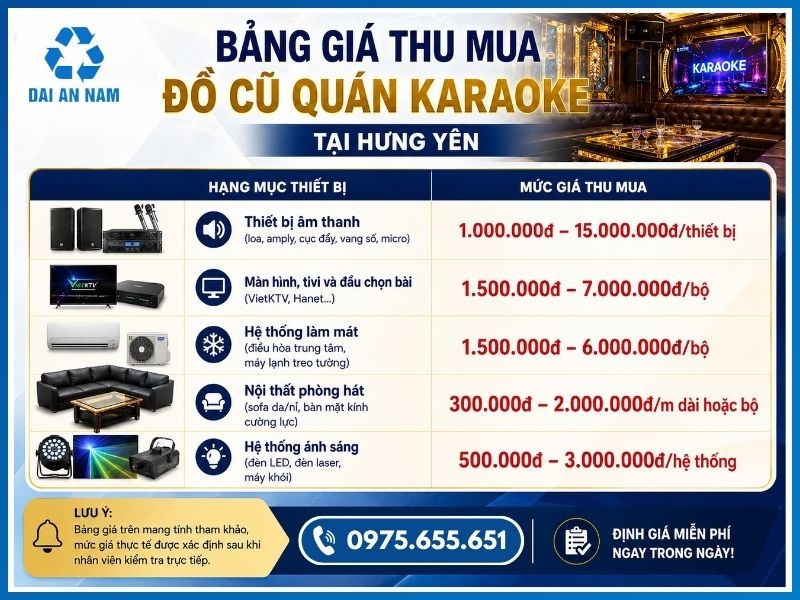 Bảng giá thu mua đồ cũ quán karaoke tại Hưng Yên mới nhất 