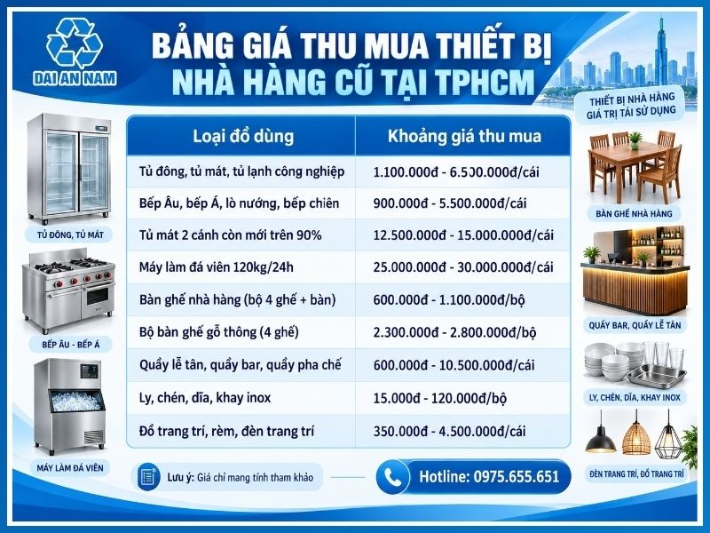 Bảng giá thu mua thiết bị nhà hàng cũ tại TPHCM mới nhất 