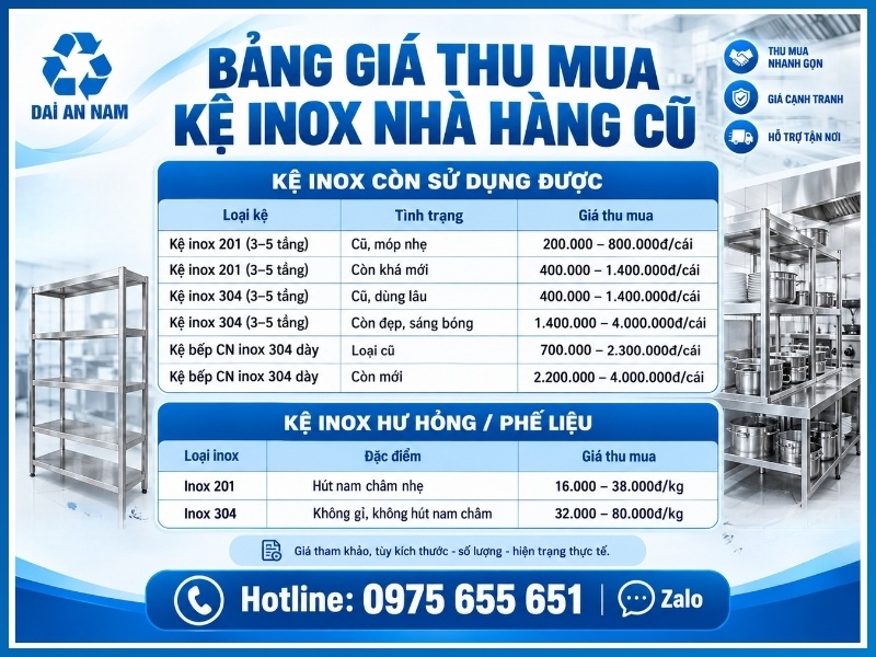 Bảng giá thu mua kệ inox nhà hàng cũ mới nhất